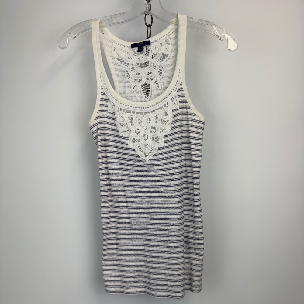 Polo Ralph Lauren Striped Lace Tank Top XS Blue White Cotton Summer